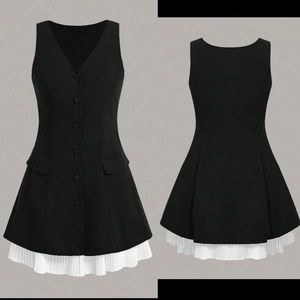 Color Block black & white Sleeveless Detail Patchwork pleated hem mini Dress